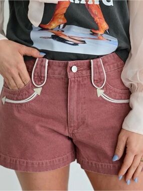 Western High-Rise Mauve Jean Shorts with Contrast Trim